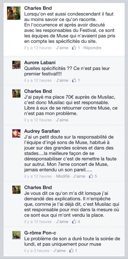 Facebook musilac muse bonus day live problème son concert 13 juillet 2015