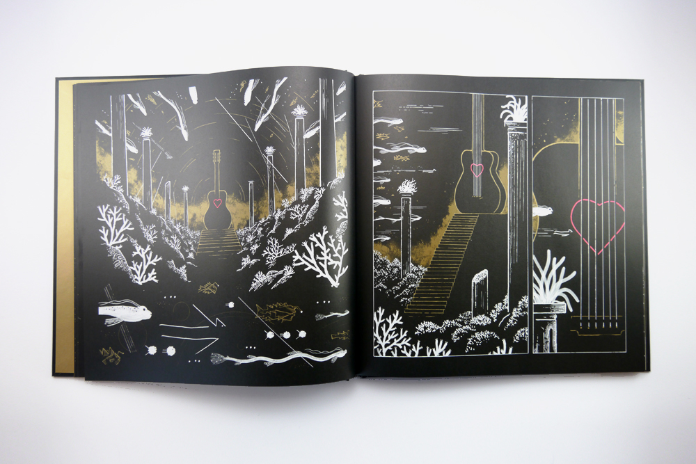 Guitare coeur rose pages illustrées par Matthias Picard dessinateur de La BO 2 M de Matthieu Chedid livre album expérience aux éditions 2024