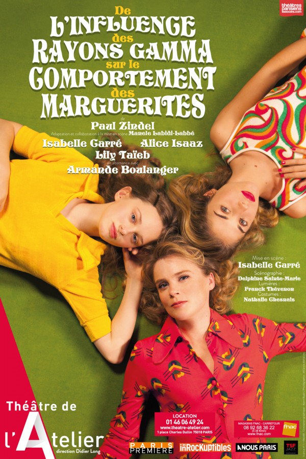 Affiche pièce de l influence des rayons gamma sur le comportement des marguerites mise en scène Isabelle Carré avec Alice Issaz Lily Taieb Armande Boulanger Théâtre de l Atelier Paris